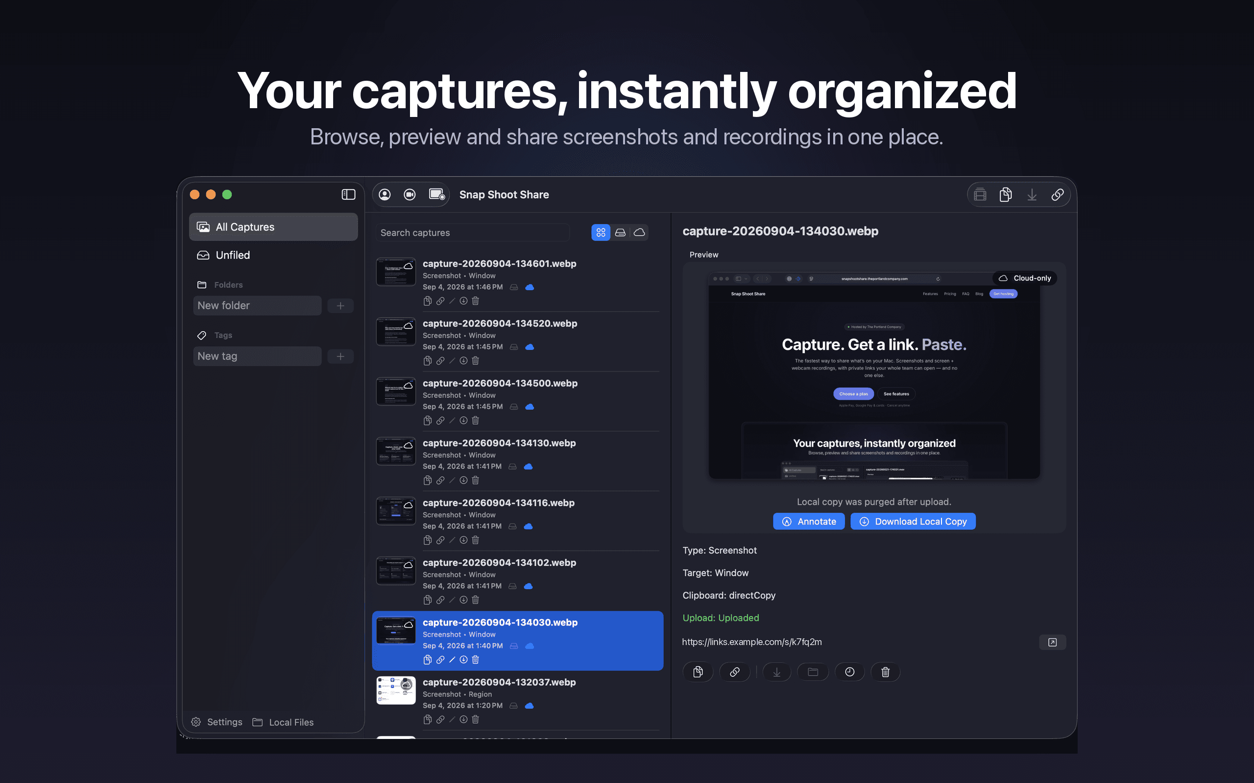 Snap Shoot Share library — browse, preview, tag and search every capture