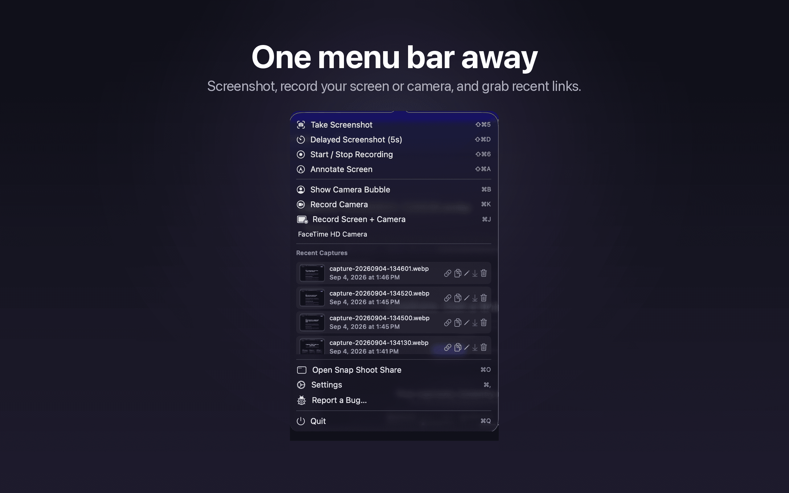 Snap Shoot Share menu bar popover — screenshot, record screen, record camera