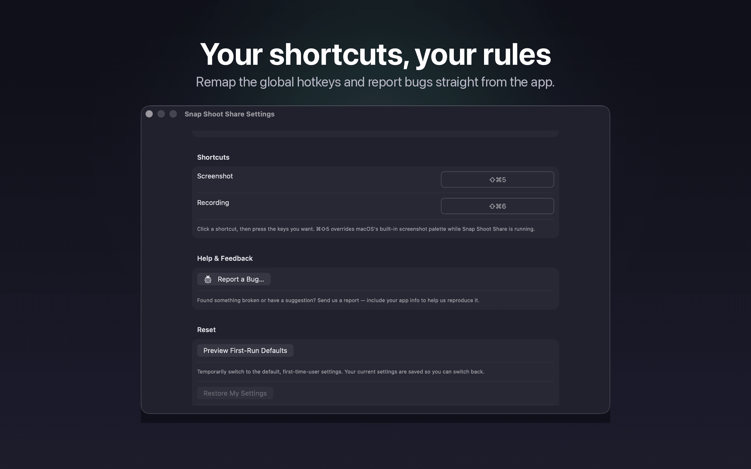 Snap Shoot Share keyboard shortcut settings